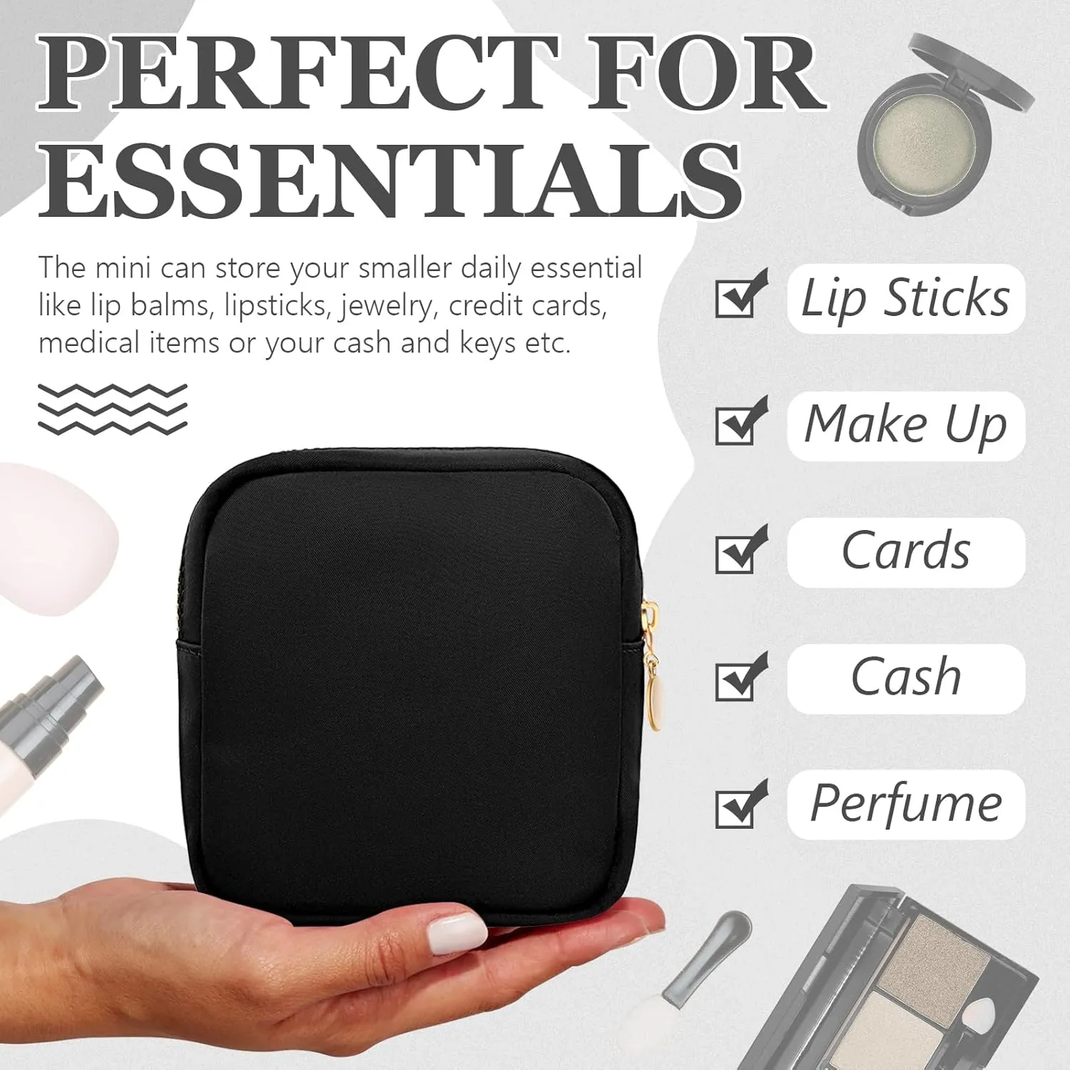 9 Pcs Mini Makeup Bags Bulk Nylon Cosmetic Pouch for Purse Travel Toiletry Organizer for Women, Small Zipper Pouch Preppy Coin Purse for Custom Birthday Gifts (Black)
