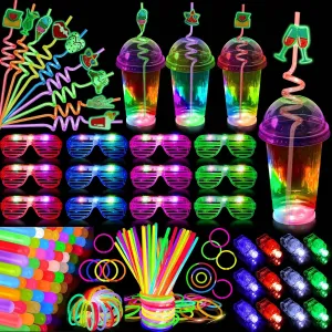98 PCS Glow in the Dark Party Supplies Light Up Party Favors with 12 Light Up Cups, 50 Glow Sticks Bulk, 12 LED Glasses, 12 Finger Lights, 12 Glow Straws Neon Party Supplies for Kids or Adults