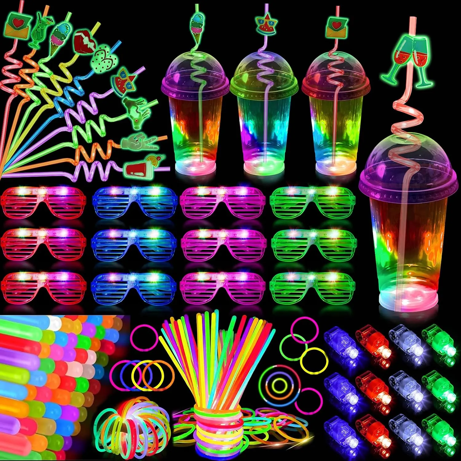 98 PCS Glow in the Dark Party Supplies Light Up Party Favors with 12 Light Up Cups, 50 Glow Sticks Bulk, 12 LED Glasses, 12 Finger Lights, 12 Glow Straws Neon Party Supplies for Kids or Adults