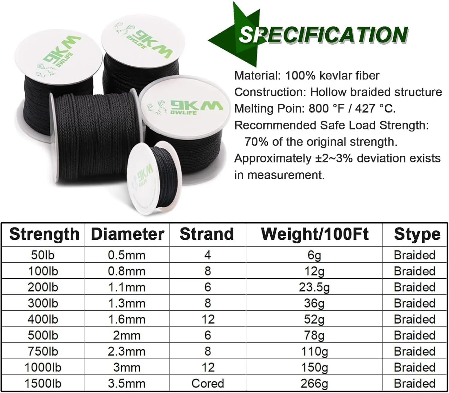 9KM DWLIFE Black Kevlar Cord, 50lb~1500lb, High Tensile Strength, Flame Resistant, Braided Fishing Line, Wind Chime String, Kite Line, Camping, Model Rocket, Outdoor Survival Strong String