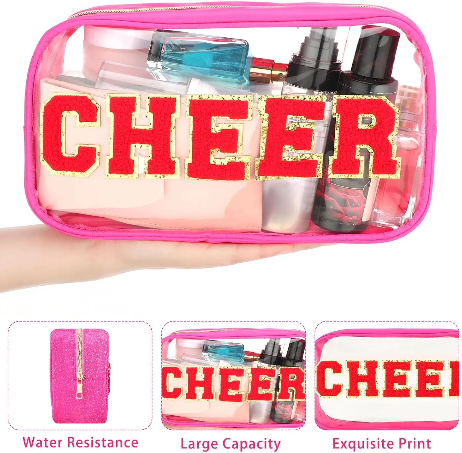 Abbylike Cheer Clear Makeup Letter Bag Cosmetic Zipper Cheers Pouch Chenille Patch Cheerleader Gifts Preppy Cheer Accessories Nylon Handmade Toiletry Bags for Cheerleading Women Girls Gifts, Rose Red