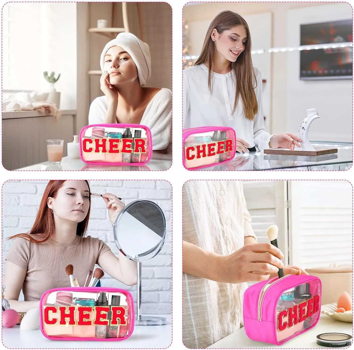 Abbylike Cheer Clear Makeup Letter Bag Cosmetic Zipper Cheers Pouch Chenille Patch Cheerleader Gifts Preppy Cheer Accessories Nylon Handmade Toiletry Bags for Cheerleading Women Girls Gifts, Rose Red