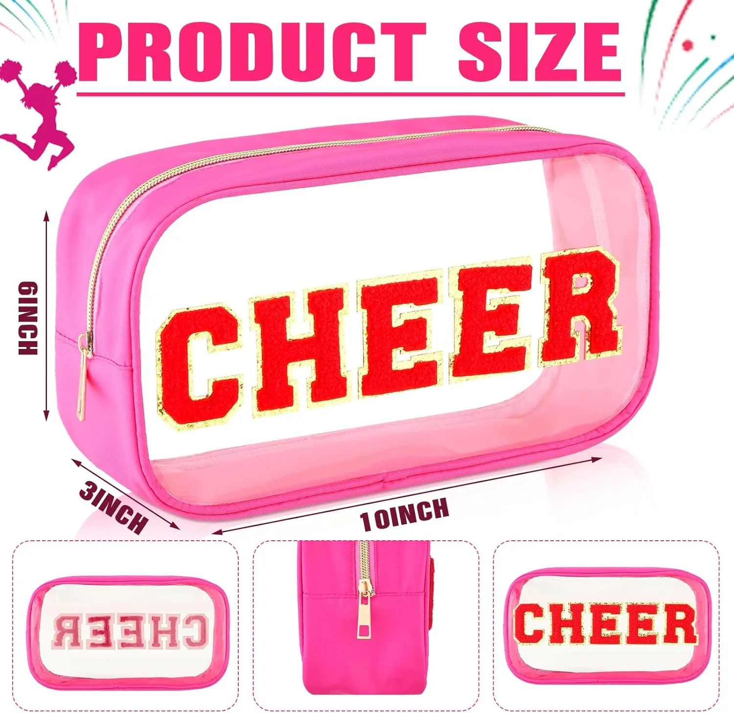 Abbylike Cheer Clear Makeup Letter Bag Cosmetic Zipper Cheers Pouch Chenille Patch Cheerleader Gifts Preppy Cheer Accessories Nylon Handmade Toiletry Bags for Cheerleading Women Girls Gifts, Rose Red
