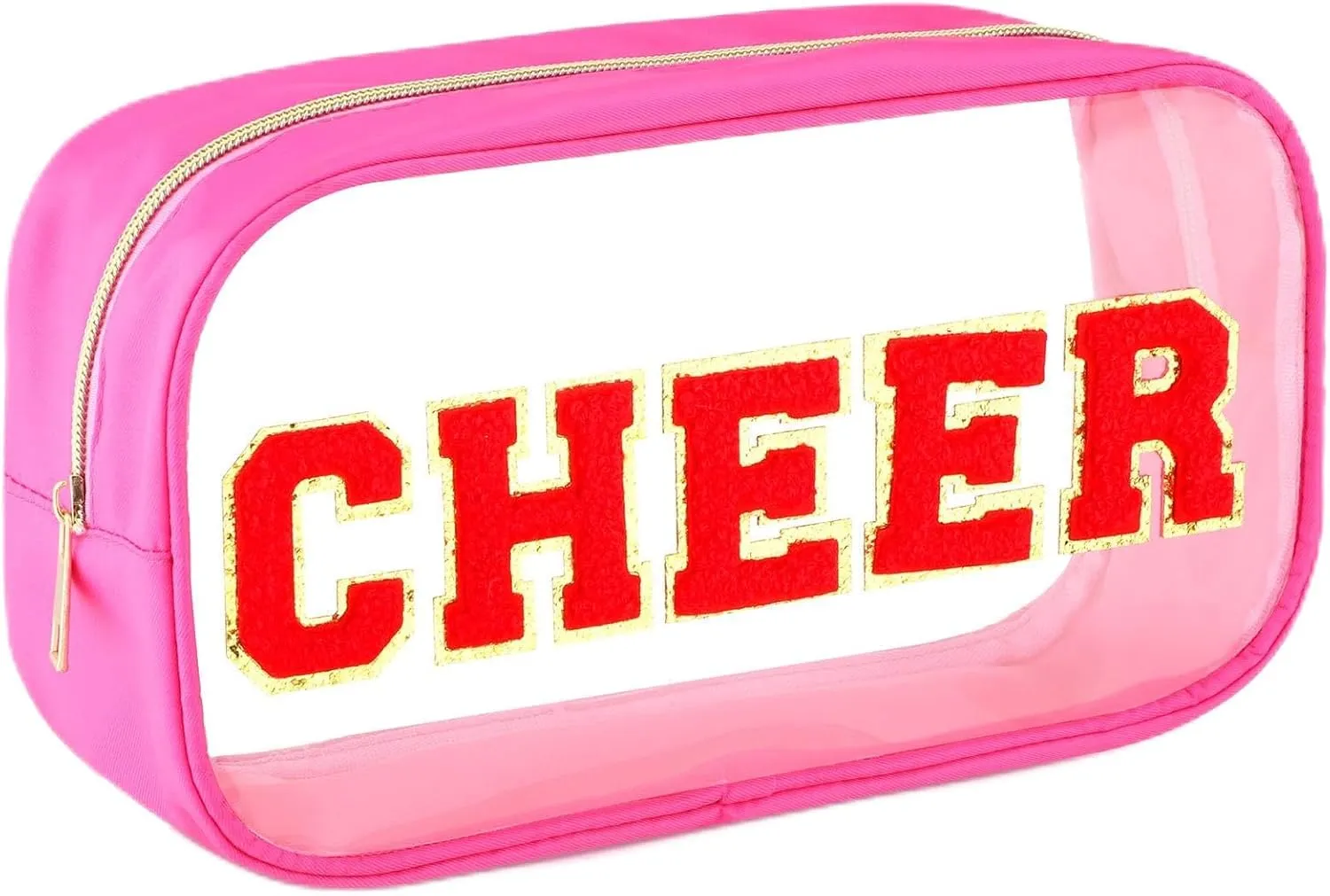 Abbylike Cheer Clear Makeup Letter Bag Cosmetic Zipper Cheers Pouch Chenille Patch Cheerleader Gifts Preppy Cheer Accessories Nylon Handmade Toiletry Bags for Cheerleading Women Girls Gifts, Rose Red