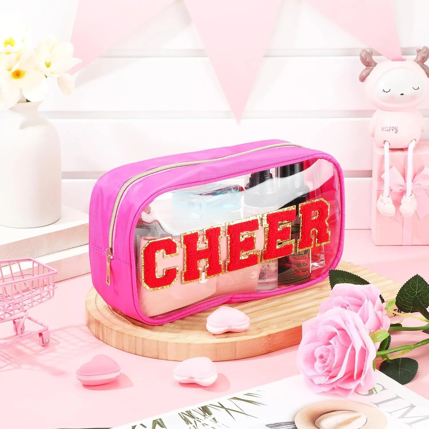Abbylike Cheer Clear Makeup Letter Bag Cosmetic Zipper Cheers Pouch Chenille Patch Cheerleader Gifts Preppy Cheer Accessories Nylon Handmade Toiletry Bags for Cheerleading Women Girls Gifts, Rose Red
