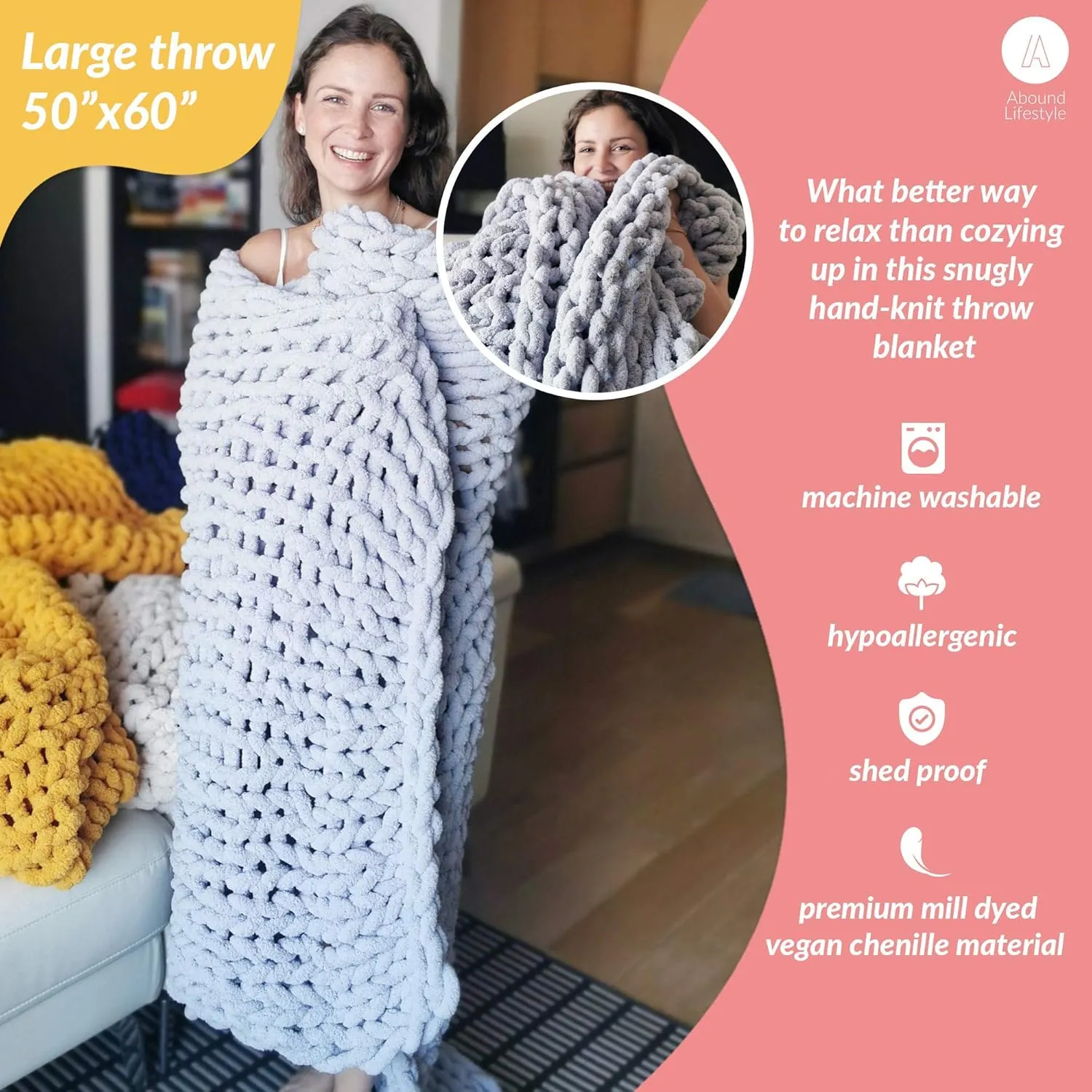 Abound Chunky Knit Blanket Throw (50"x60", 5 lbs) - Soft Chenille Yarn Knitted - Cable Style Throw Blanket - Weighted - Machine Washable (White and Red)