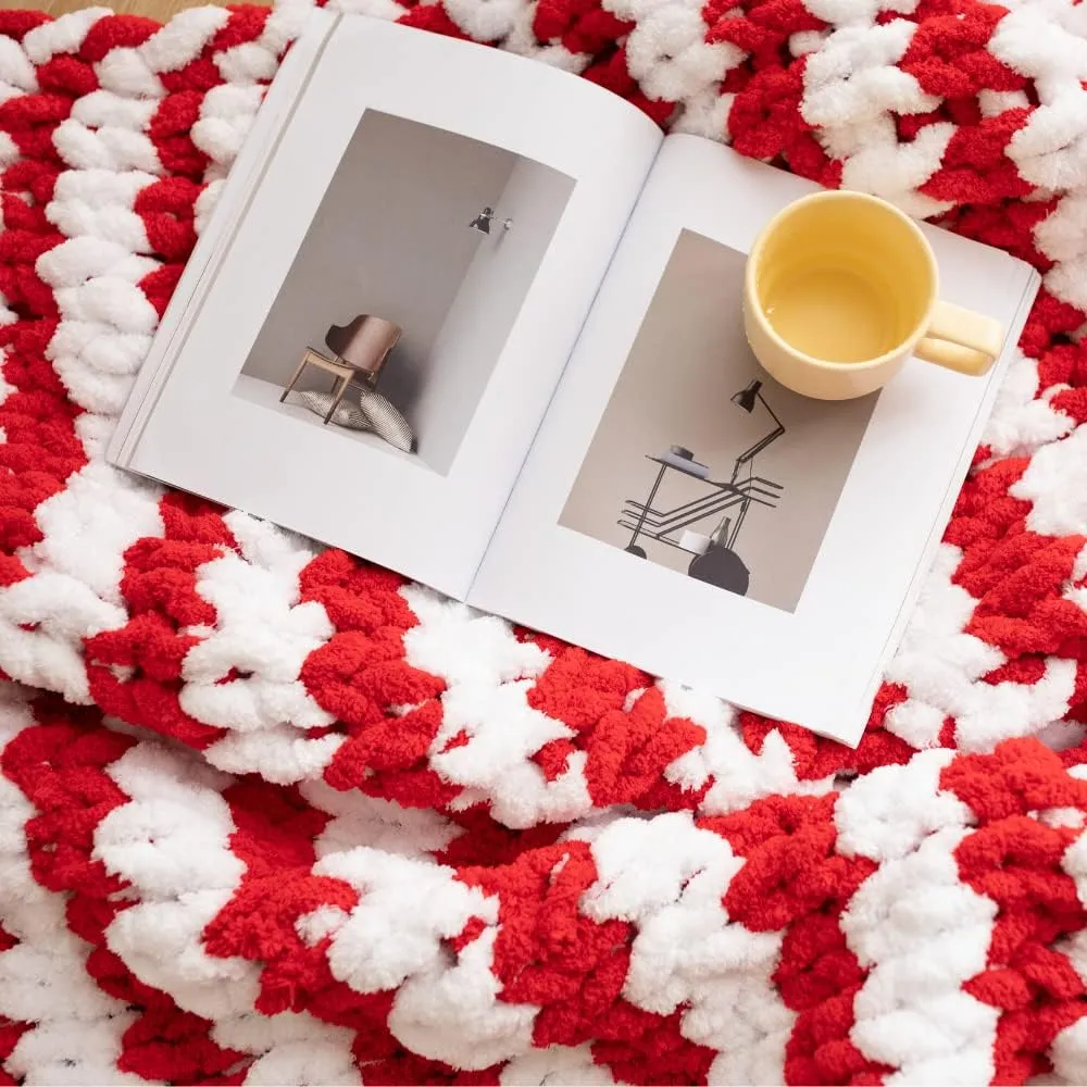 Abound Chunky Knit Blanket Throw (50"x60", 5 lbs) - Soft Chenille Yarn Knitted - Cable Style Throw Blanket - Weighted - Machine Washable (White and Red)