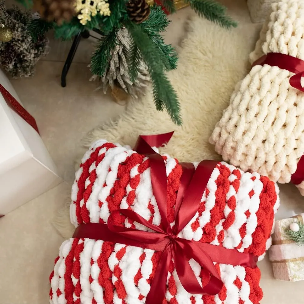 Abound Chunky Knit Blanket Throw (50"x60", 5 lbs) - Soft Chenille Yarn Knitted - Cable Style Throw Blanket - Weighted - Machine Washable (White and Red)