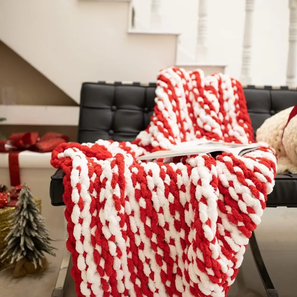 Abound Chunky Knit Blanket Throw (50"x60", 5 lbs) - Soft Chenille Yarn Knitted - Cable Style Throw Blanket - Weighted - Machine Washable (White and Red)
