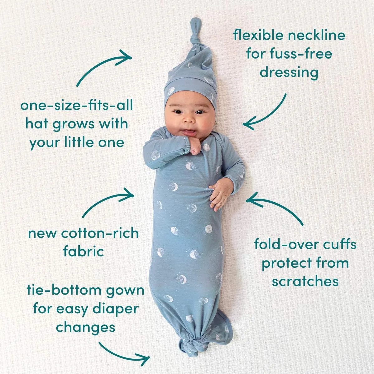 aden   anais Comfort Knit Knotted Newborn Baby Gown and Hat, 2 Piece Set, 0-3 Months