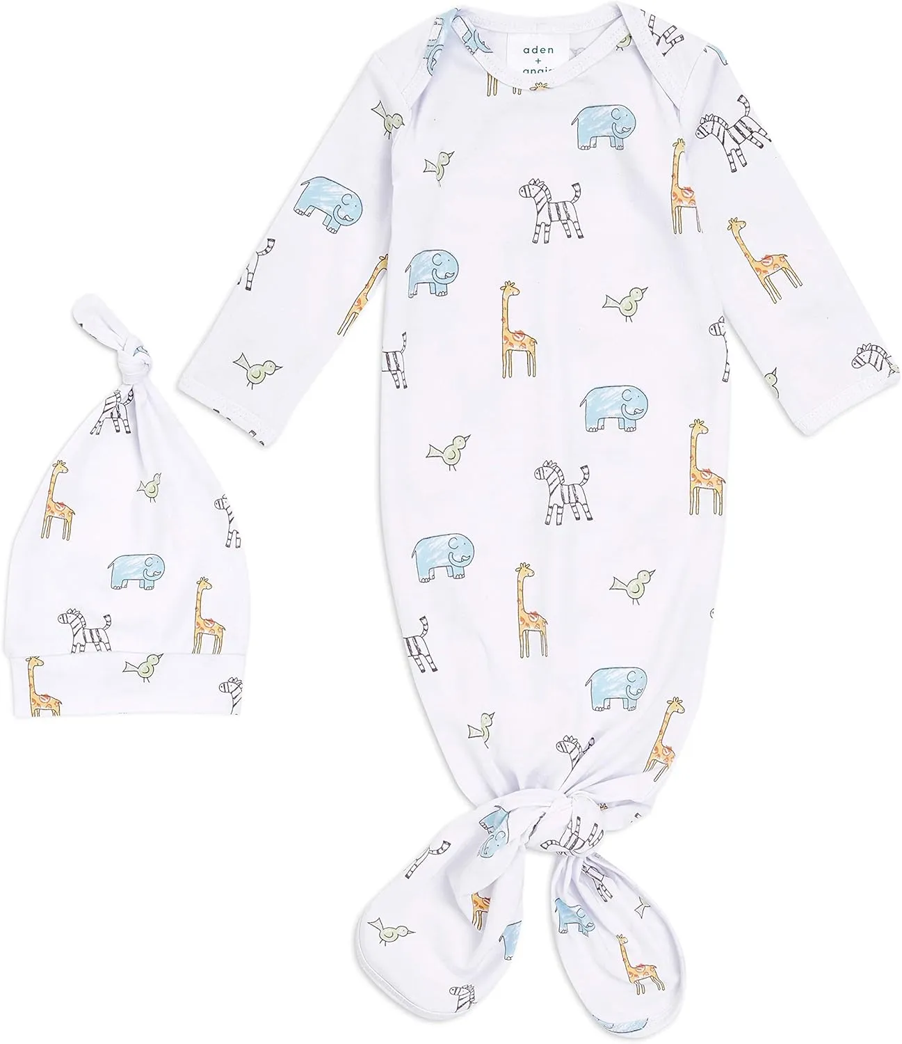 aden   anais Comfort Knit Knotted Newborn Baby Gown and Hat, Super Soft Cotton with Spandex, Infant Gown with Fold Over Mitten Cuffs, 2 Piece Set, 0-3 Months, Jungle Jammin