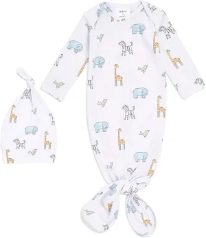 aden   anais Comfort Knit Knotted Newborn Baby Gown and Hat, Super Soft Cotton with Spandex, Infant Gown with Fold Over Mitten Cuffs, 2 Piece Set, 0-3 Months, Jungle Jammin