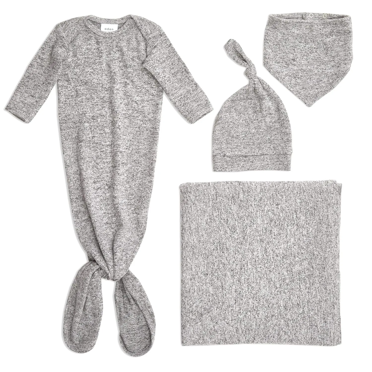 aden   anais Snuggle Knit Newborn Gift Set with Knotted Baby Gown, Swaddle Blanket, Infant Hat, and Bandana Bib, 0-3 Months, Heather Grey