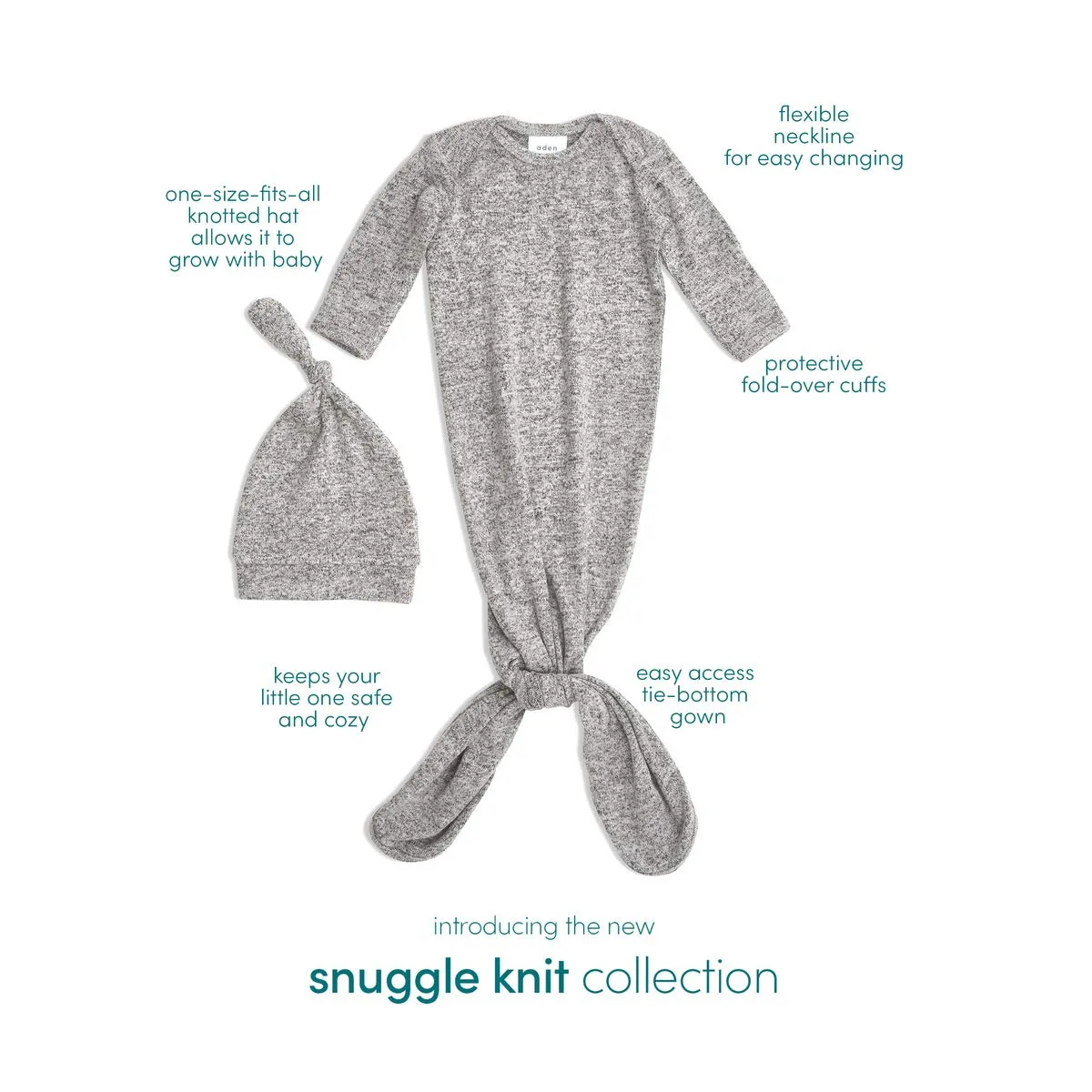 aden   anais Snuggle Knit Newborn Gift Set with Knotted Baby Gown, Swaddle Blanket, Infant Hat, and Bandana Bib, 0-3 Months, Heather Grey