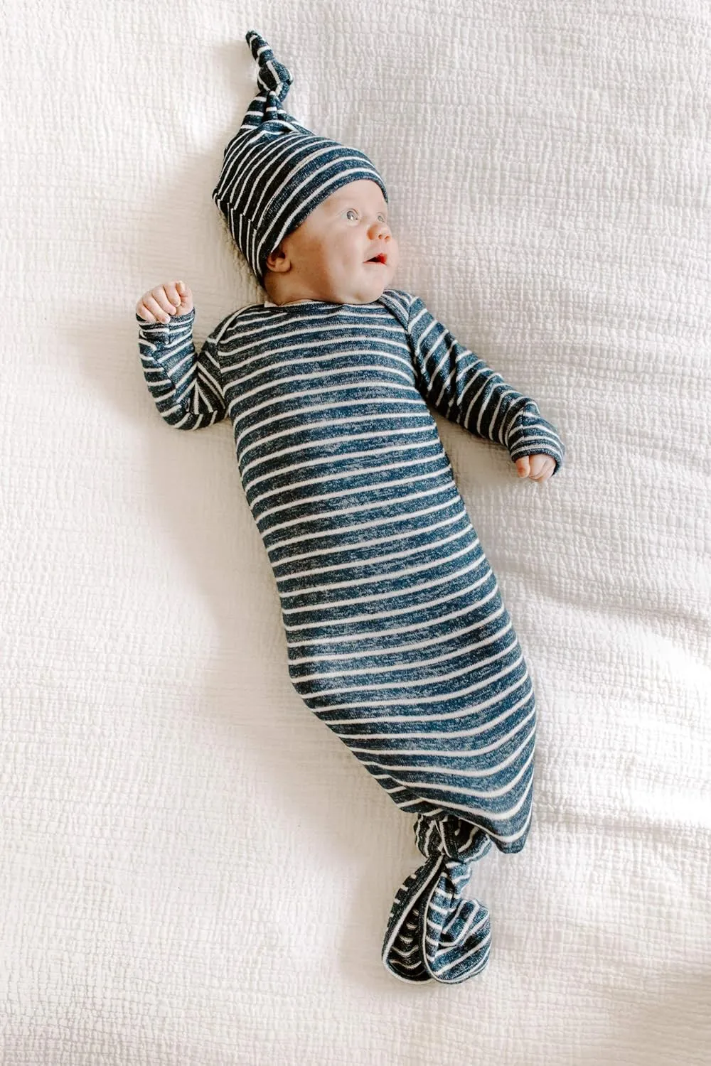 aden   anais Snuggle Knit Newborn Gift Set with Knotted Baby Gown, Swaddle Blanket, Infant Hat, and Bandana Bib, 0-3 Months, Navy Stripe