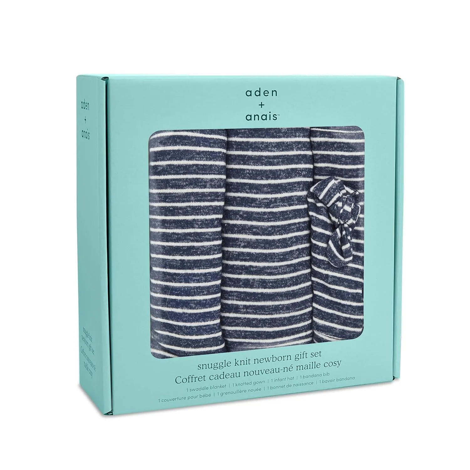 aden   anais Snuggle Knit Newborn Gift Set with Knotted Baby Gown, Swaddle Blanket, Infant Hat, and Bandana Bib, 0-3 Months, Navy Stripe
