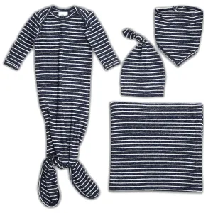 aden   anais Snuggle Knit Newborn Gift Set with Knotted Baby Gown, Swaddle Blanket, Infant Hat, and Bandana Bib, 0-3 Months, Navy Stripe