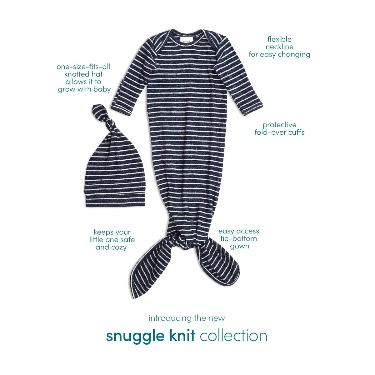 aden   anais Snuggle Knit Newborn Gift Set with Knotted Baby Gown, Swaddle Blanket, Infant Hat, and Bandana Bib, 0-3 Months, Navy Stripe