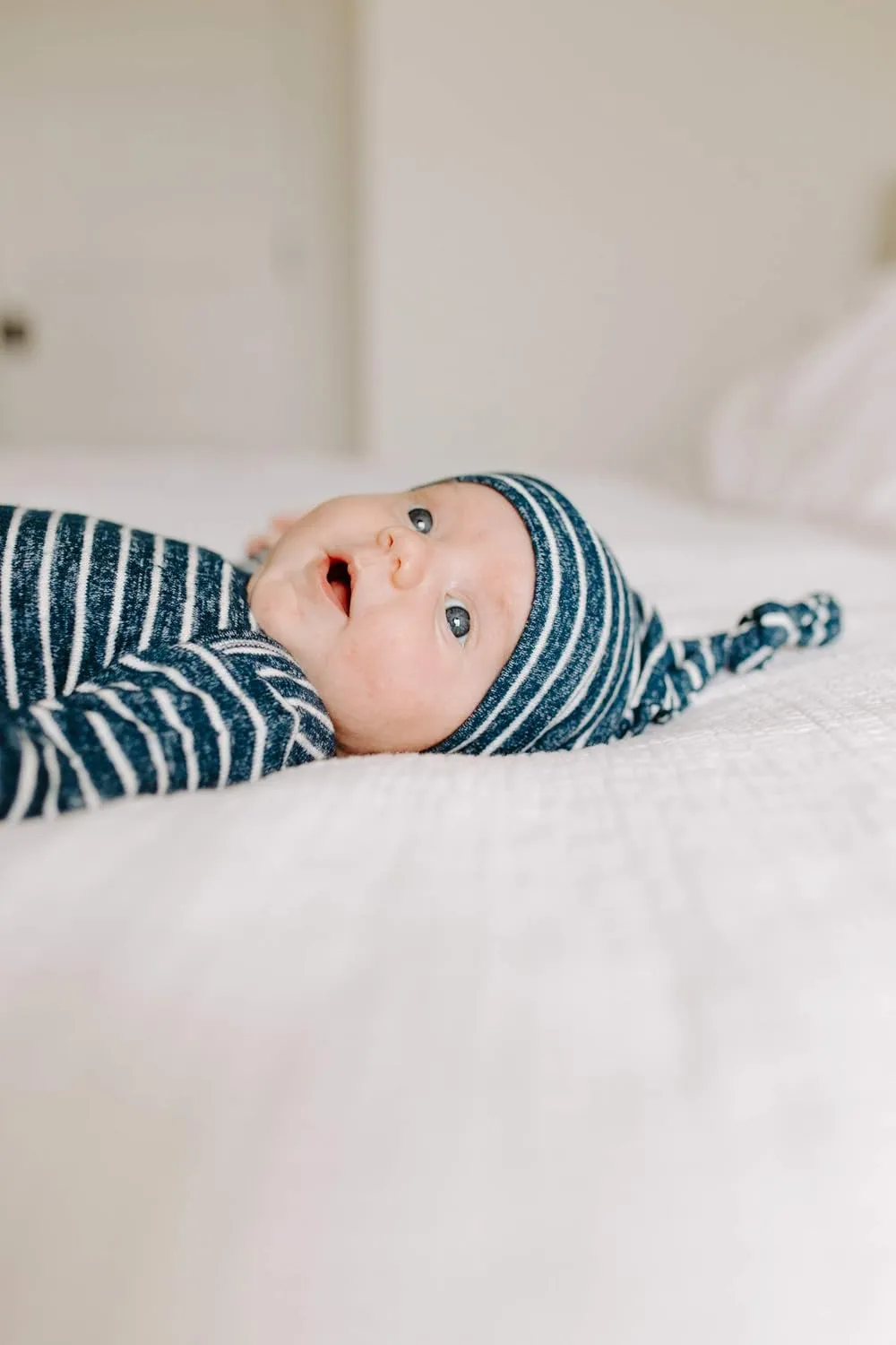 aden   anais Snuggle Knit Newborn Gift Set with Knotted Baby Gown, Swaddle Blanket, Infant Hat, and Bandana Bib, 0-3 Months, Navy Stripe