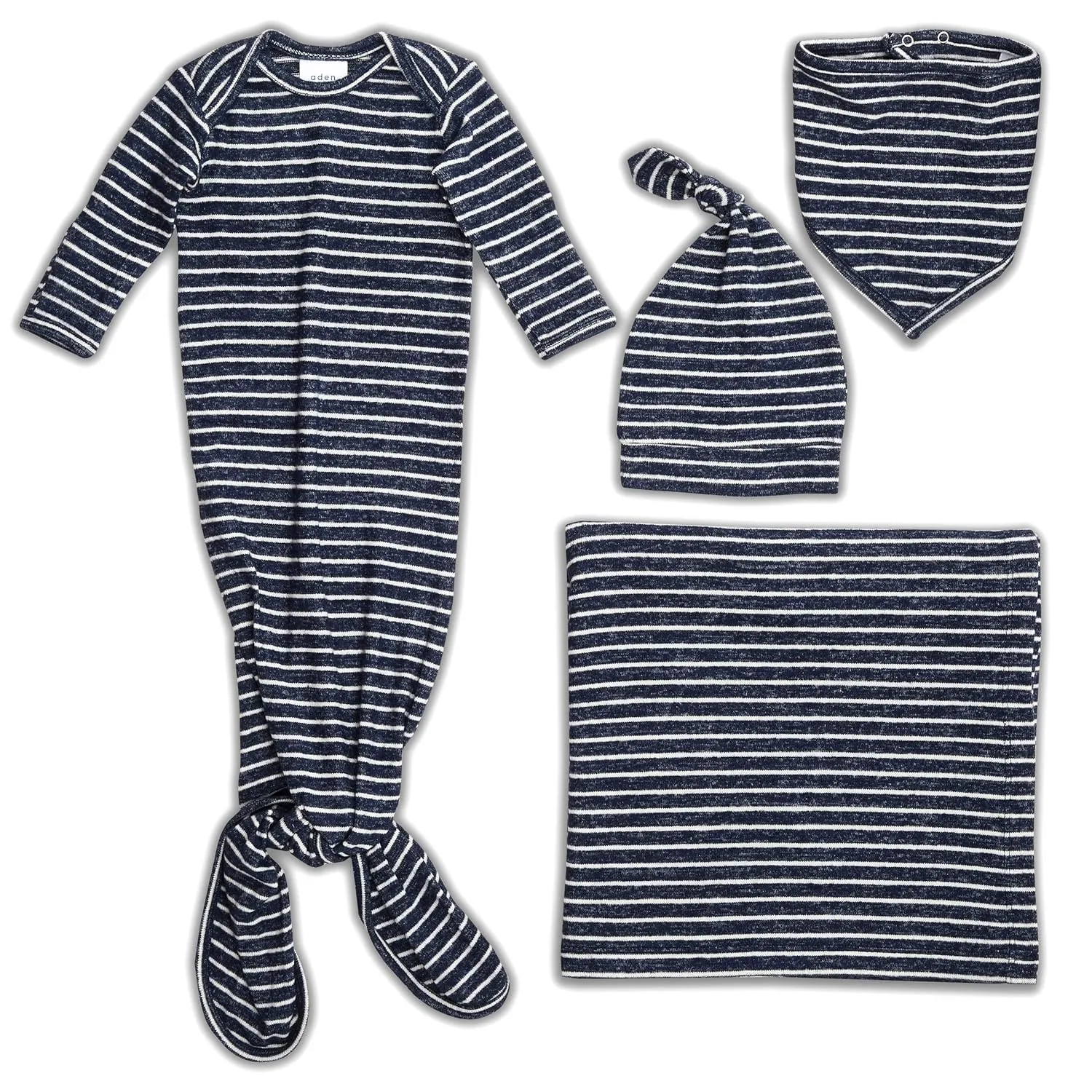 aden   anais Snuggle Knit Newborn Gift Set with Knotted Baby Gown, Swaddle Blanket, Infant Hat, and Bandana Bib, 0-3 Months, Navy Stripe