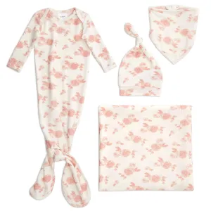 aden   anais Snuggle Knit Newborn Gift Set with Knotted Baby Gown, Swaddle Blanket, Infant Hat, and Bandana Bib, 0-3 Months, Rosettes