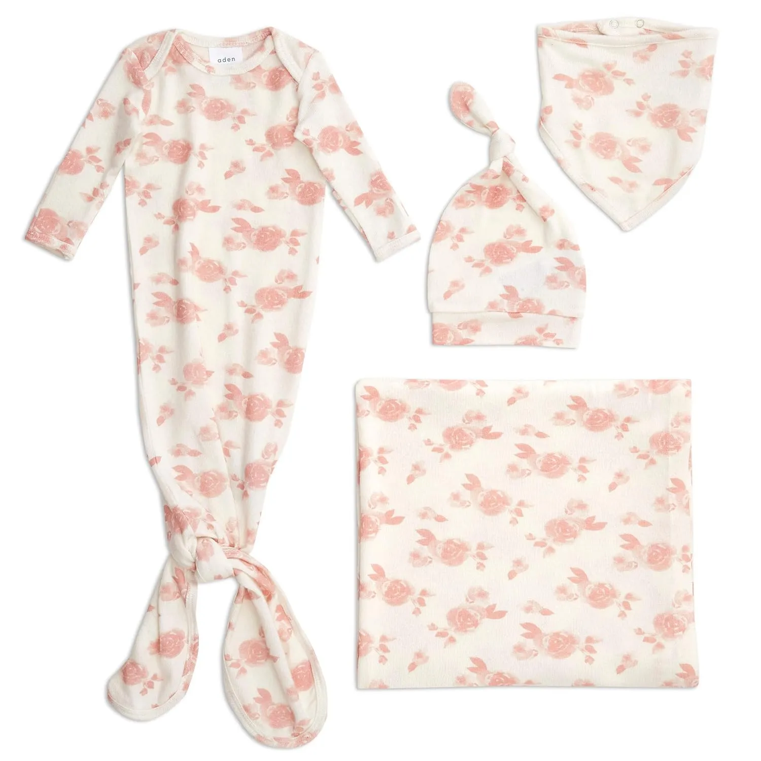 aden   anais Snuggle Knit Newborn Gift Set with Knotted Baby Gown, Swaddle Blanket, Infant Hat, and Bandana Bib, 0-3 Months, Rosettes