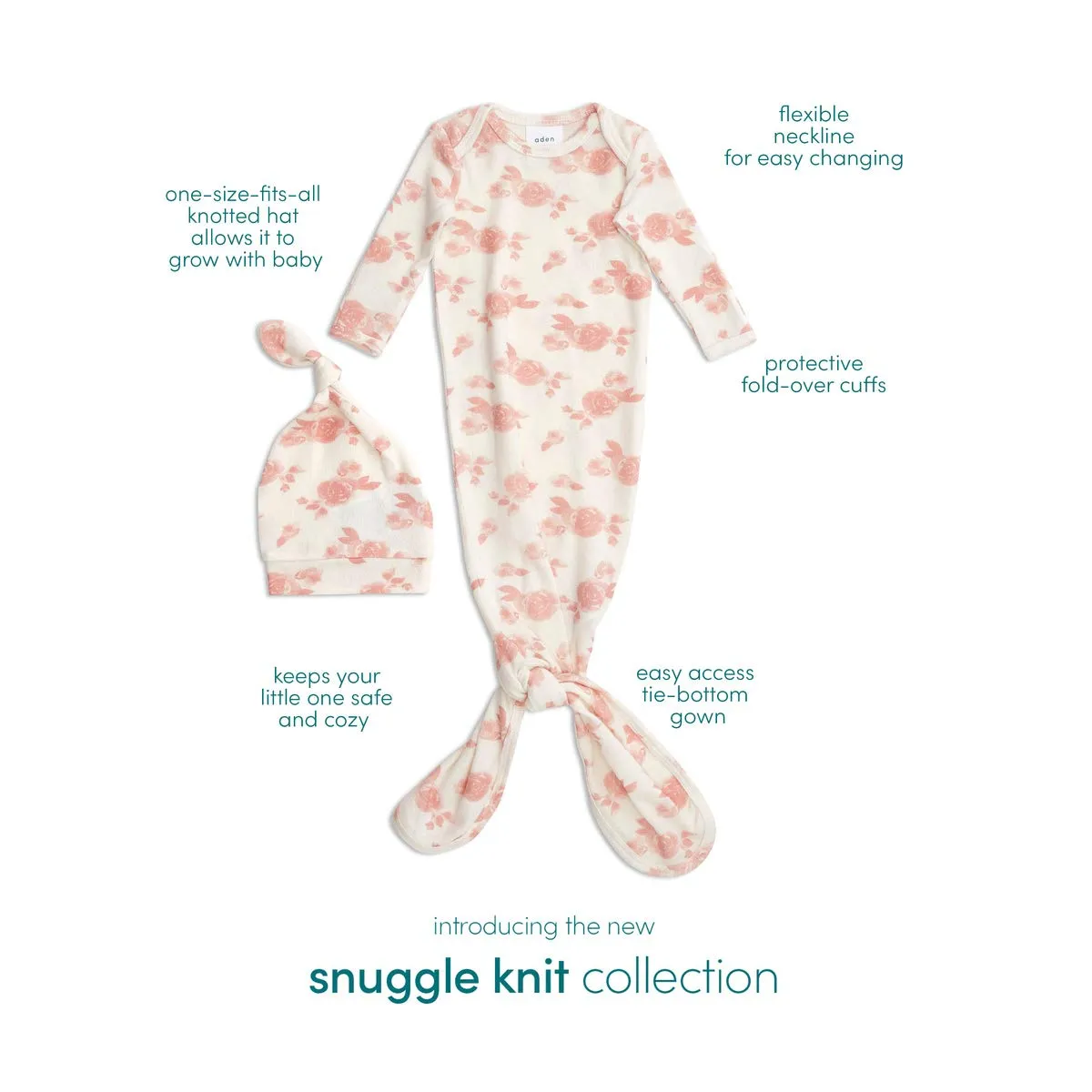 aden   anais Snuggle Knit Newborn Gift Set with Knotted Baby Gown, Swaddle Blanket, Infant Hat, and Bandana Bib, 0-3 Months, Rosettes