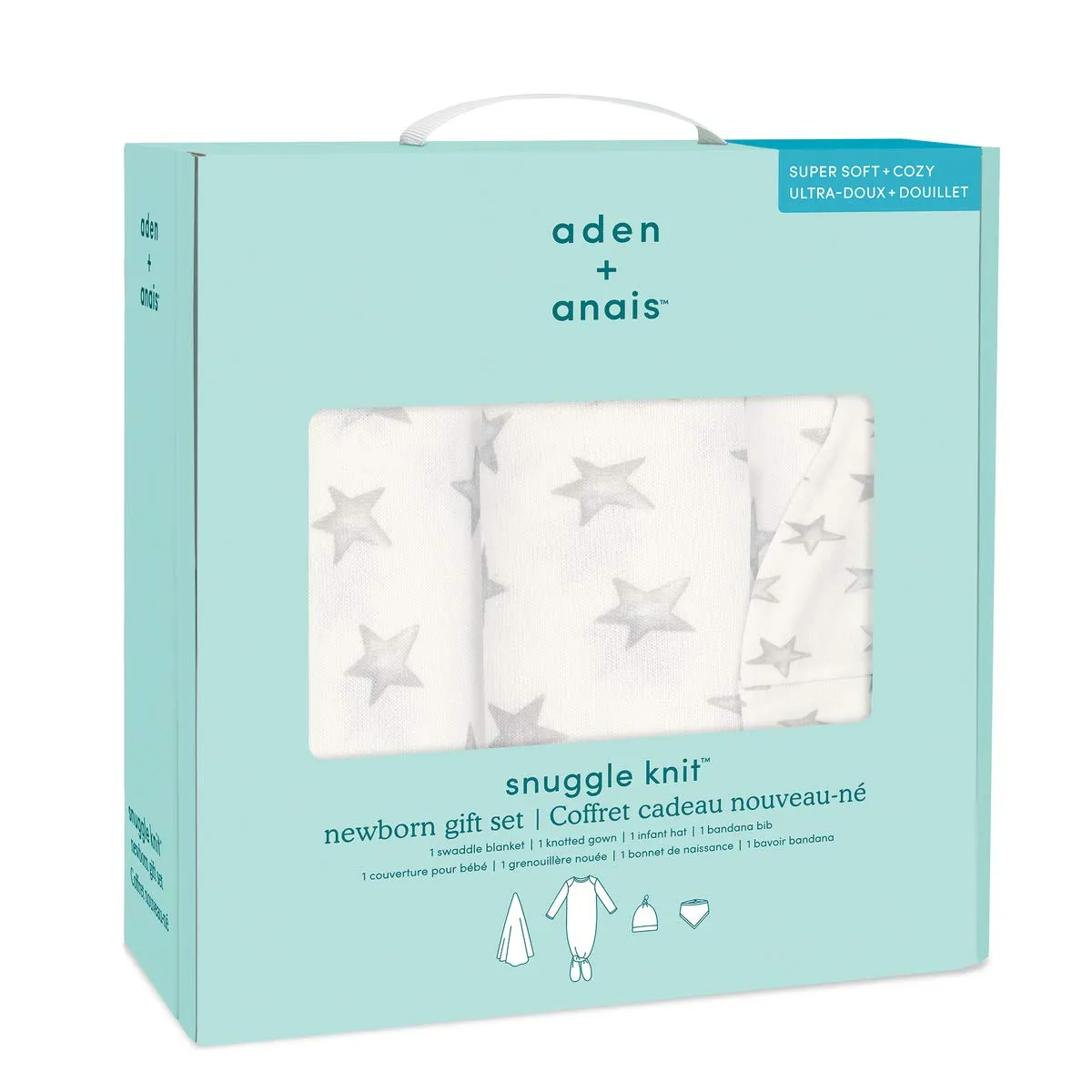 aden   anais Snuggle Knit Newborn Gift Set with Knotted Baby Gown, Swaddle Blanket, Infant Hat, and Bandana Bib, 0-3 Months, Star