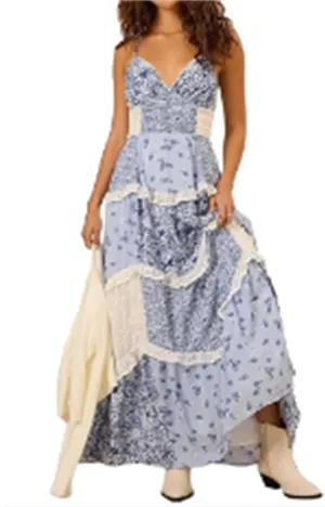 Adernlia Floral Maxi Dress Women Patchwork Floral Flowy Maxi Dress Y2k Spaghetti Strap V Neck Beach Dresses