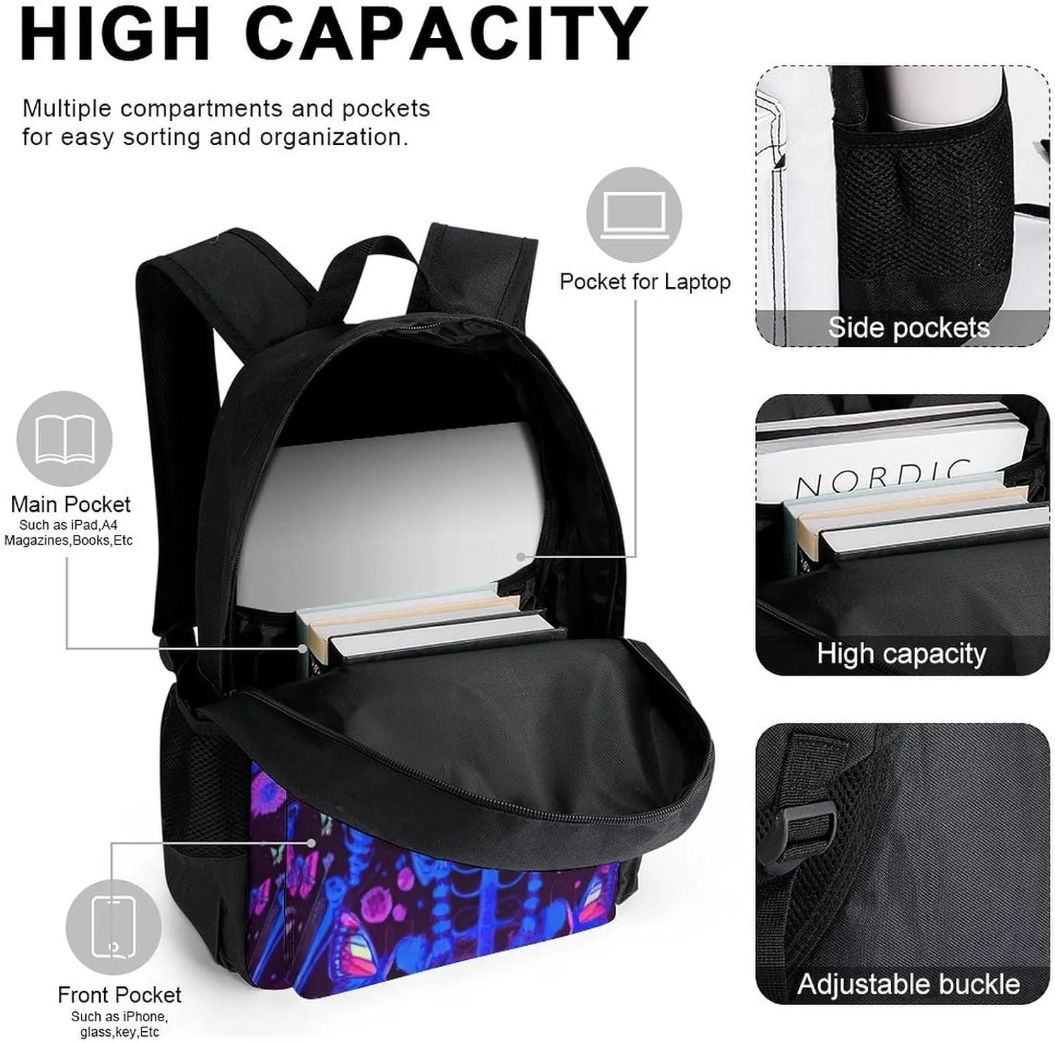 Adults Backpack Sets - Skull Moth Butterfly Galaxy Space Neon Flowers Skeleton Art Bookbag Shoulder Book Bags   Lunch Bag   Pencil Case Camping Outdoor Backpack, Gym Outdoor Bag Computer Bag