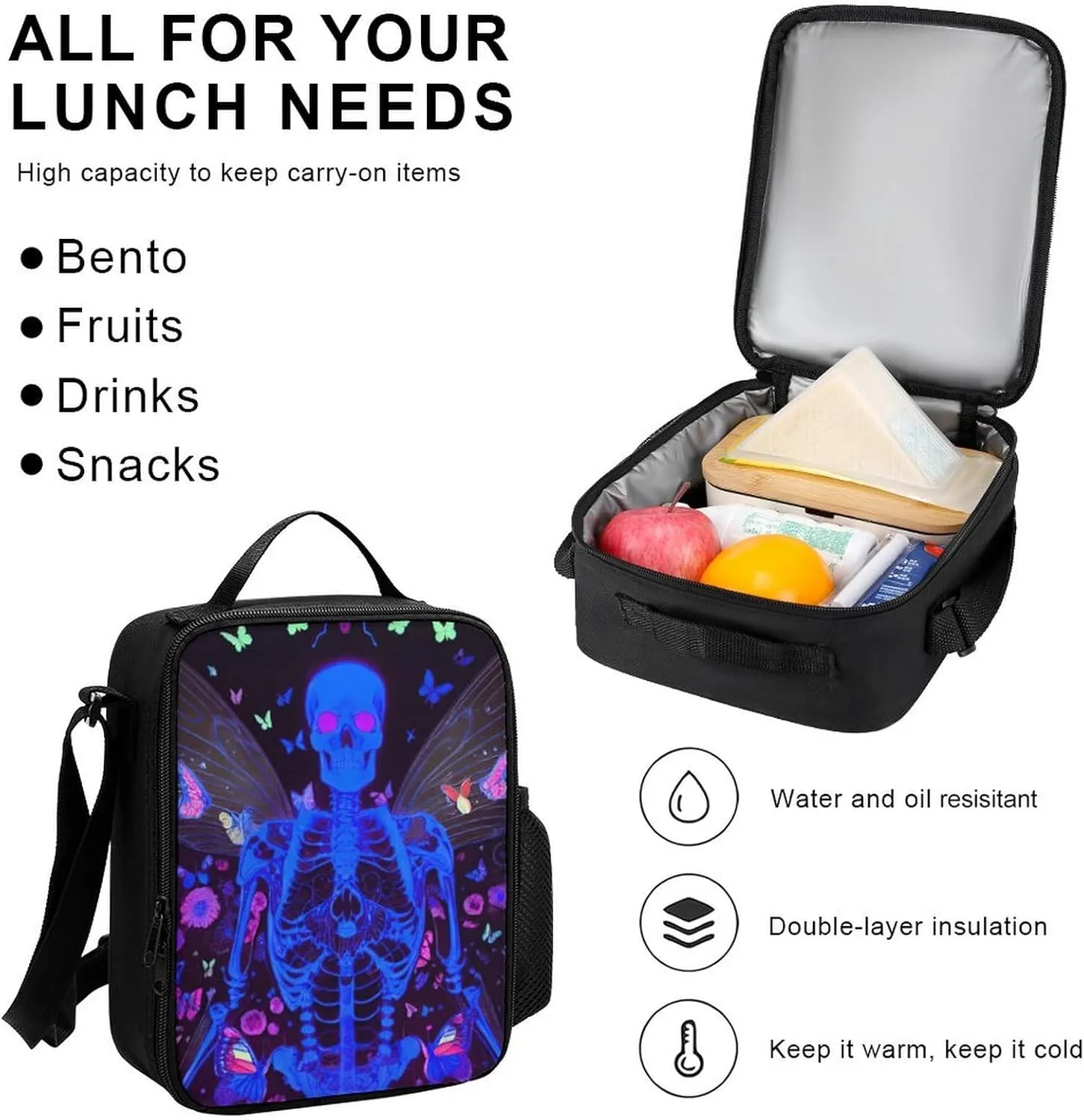 Adults Backpack Sets - Skull Moth Butterfly Galaxy Space Neon Flowers Skeleton Art Bookbag Shoulder Book Bags   Lunch Bag   Pencil Case Camping Outdoor Backpack, Gym Outdoor Bag Computer Bag