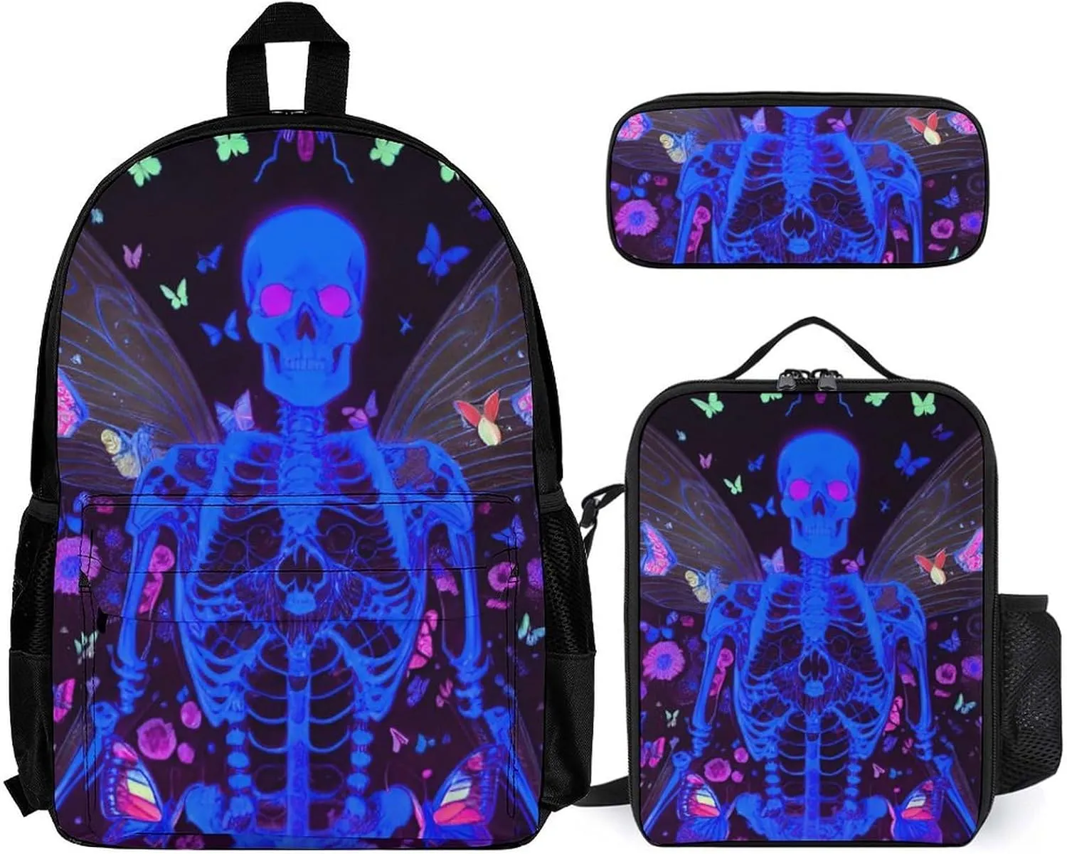Adults Backpack Sets - Skull Moth Butterfly Galaxy Space Neon Flowers Skeleton Art Bookbag Shoulder Book Bags   Lunch Bag   Pencil Case Camping Outdoor Backpack, Gym Outdoor Bag Computer Bag