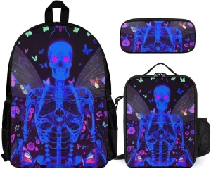 Adults Backpack Sets - Skull Moth Butterfly Galaxy Space Neon Flowers Skeleton Art Bookbag Shoulder Book Bags   Lunch Bag   Pencil Case Camping Outdoor Backpack, Gym Outdoor Bag Computer Bag