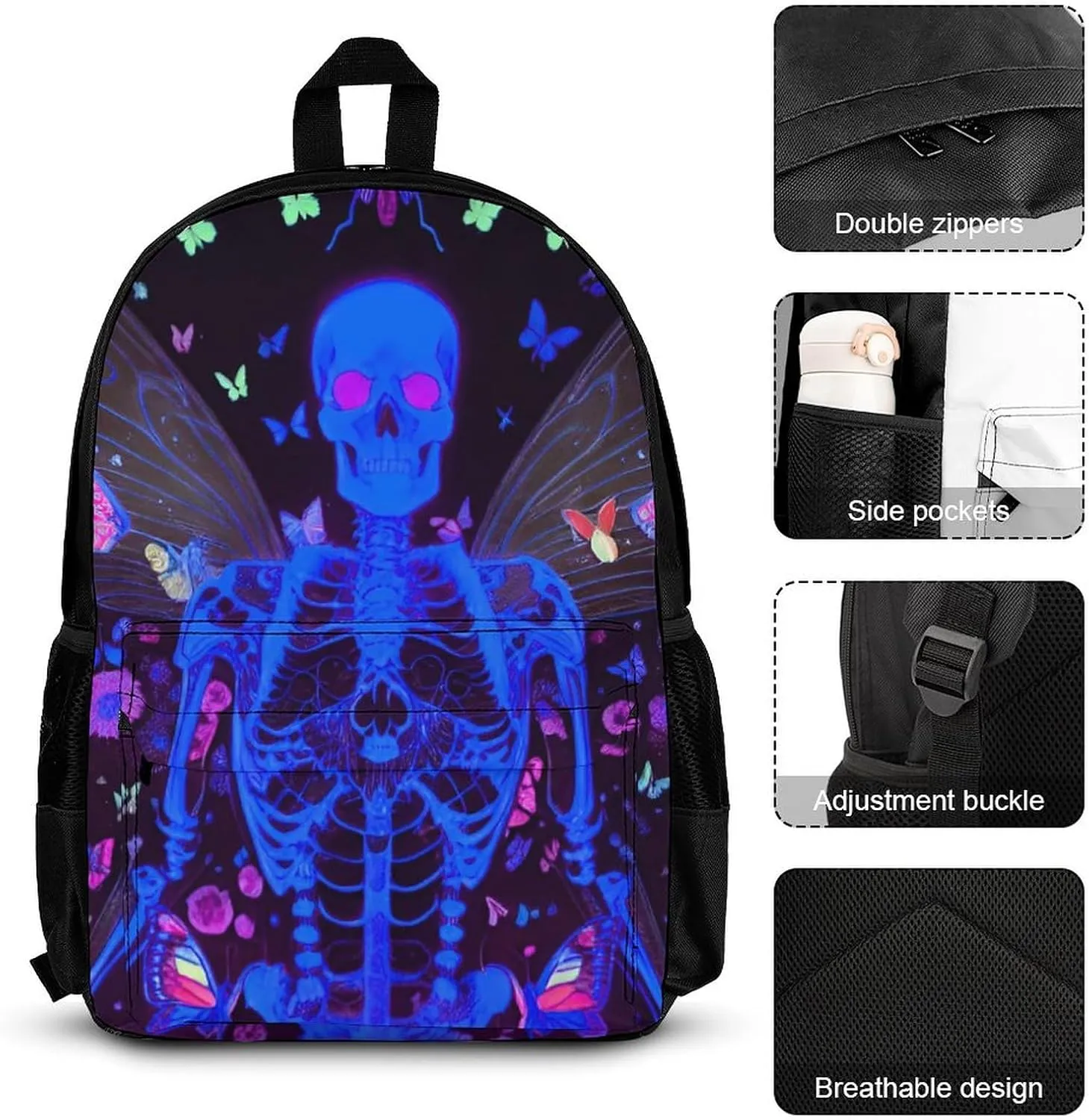 Adults Backpack Sets - Skull Moth Butterfly Galaxy Space Neon Flowers Skeleton Art Bookbag Shoulder Book Bags   Lunch Bag   Pencil Case Camping Outdoor Backpack, Gym Outdoor Bag Computer Bag