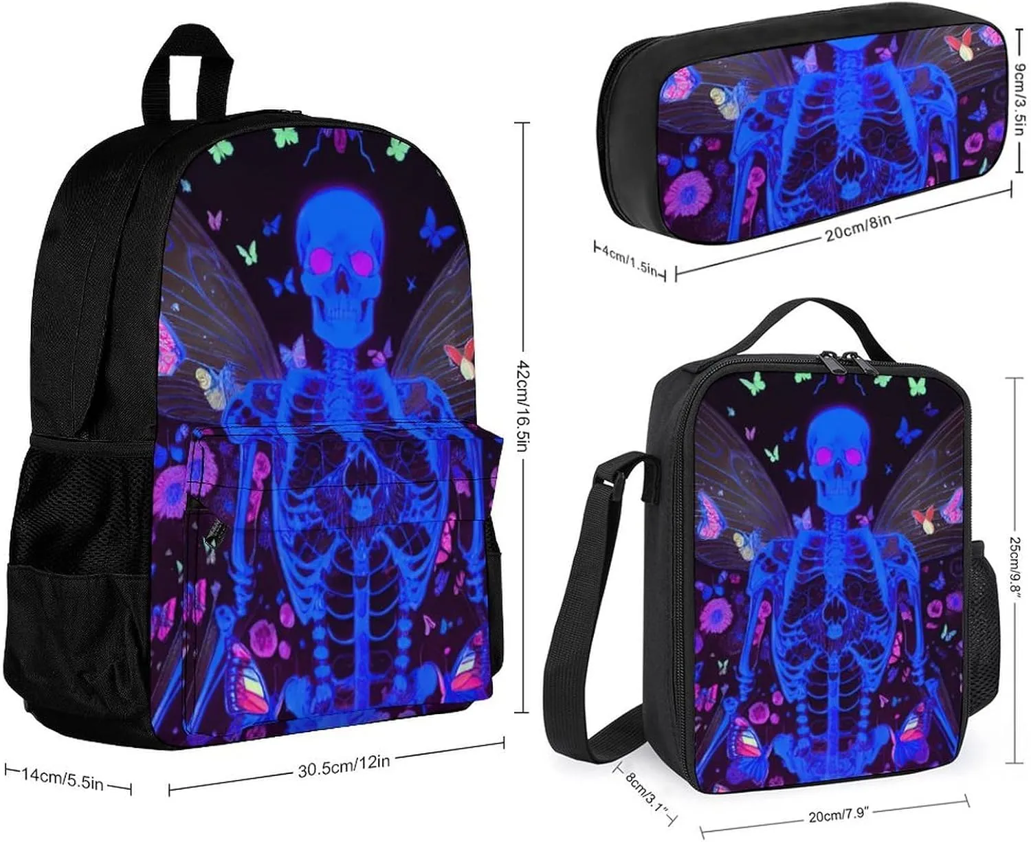 Adults Backpack Sets - Skull Moth Butterfly Galaxy Space Neon Flowers Skeleton Art Bookbag Shoulder Book Bags   Lunch Bag   Pencil Case Camping Outdoor Backpack, Gym Outdoor Bag Computer Bag