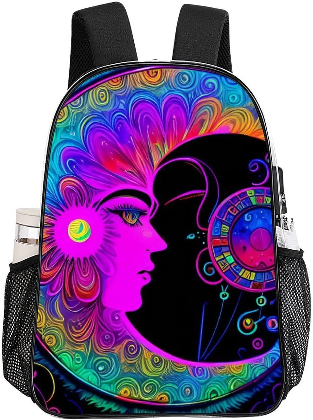 Adults Lightweight Psychedelic Sun And Moon Neon Art Shoulder Book Bags Big Capacity Shoulder Bag Transparent Bag for Trekking Work Walking Cycling