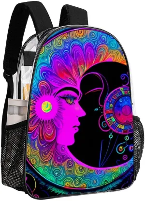 Adults Lightweight Psychedelic Sun And Moon Neon Art Shoulder Book Bags Big Capacity Shoulder Bag Transparent Bag for Trekking Work Walking Cycling