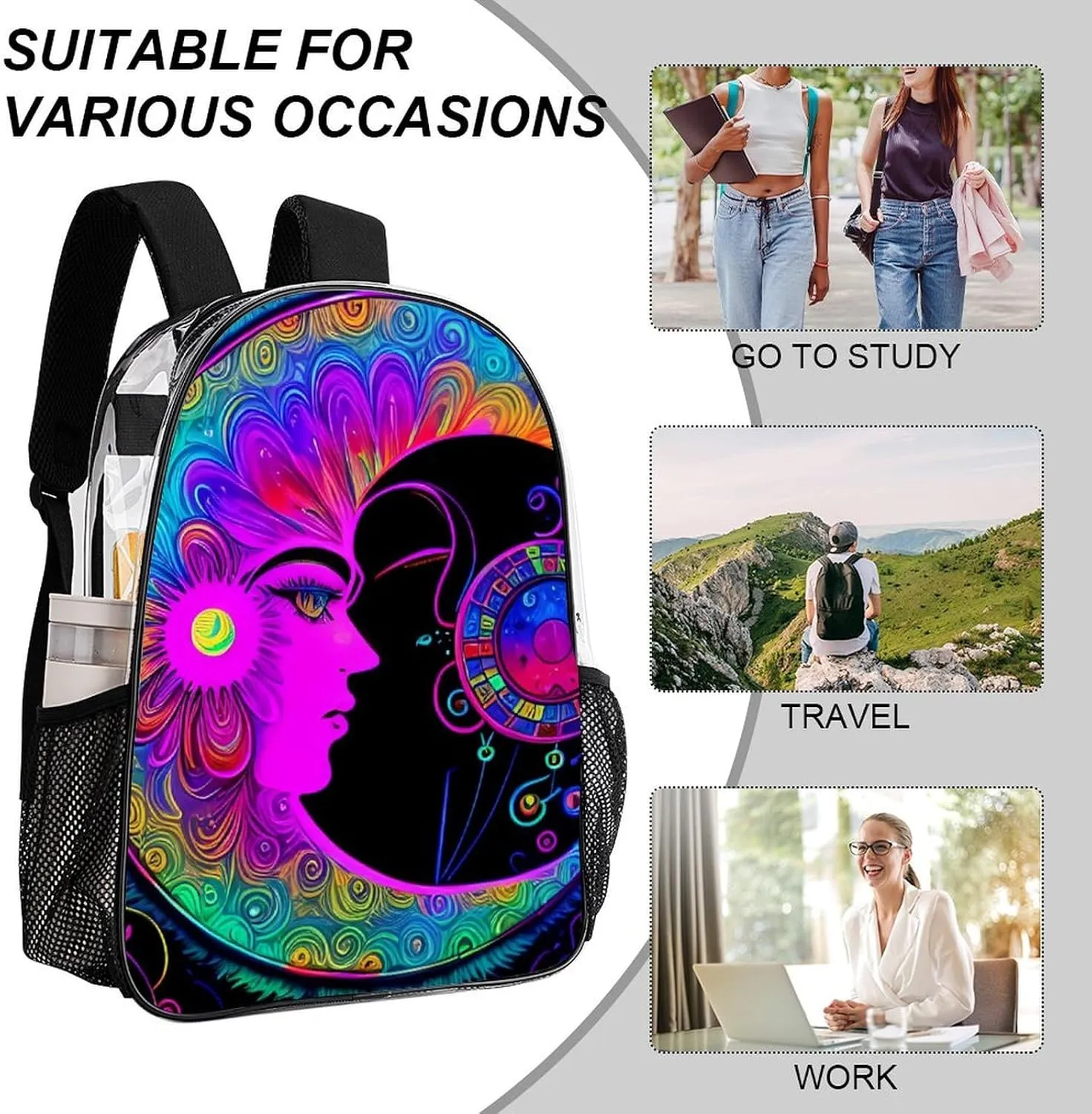 Adults Lightweight Psychedelic Sun And Moon Neon Art Shoulder Book Bags Big Capacity Shoulder Bag Transparent Bag for Trekking Work Walking Cycling