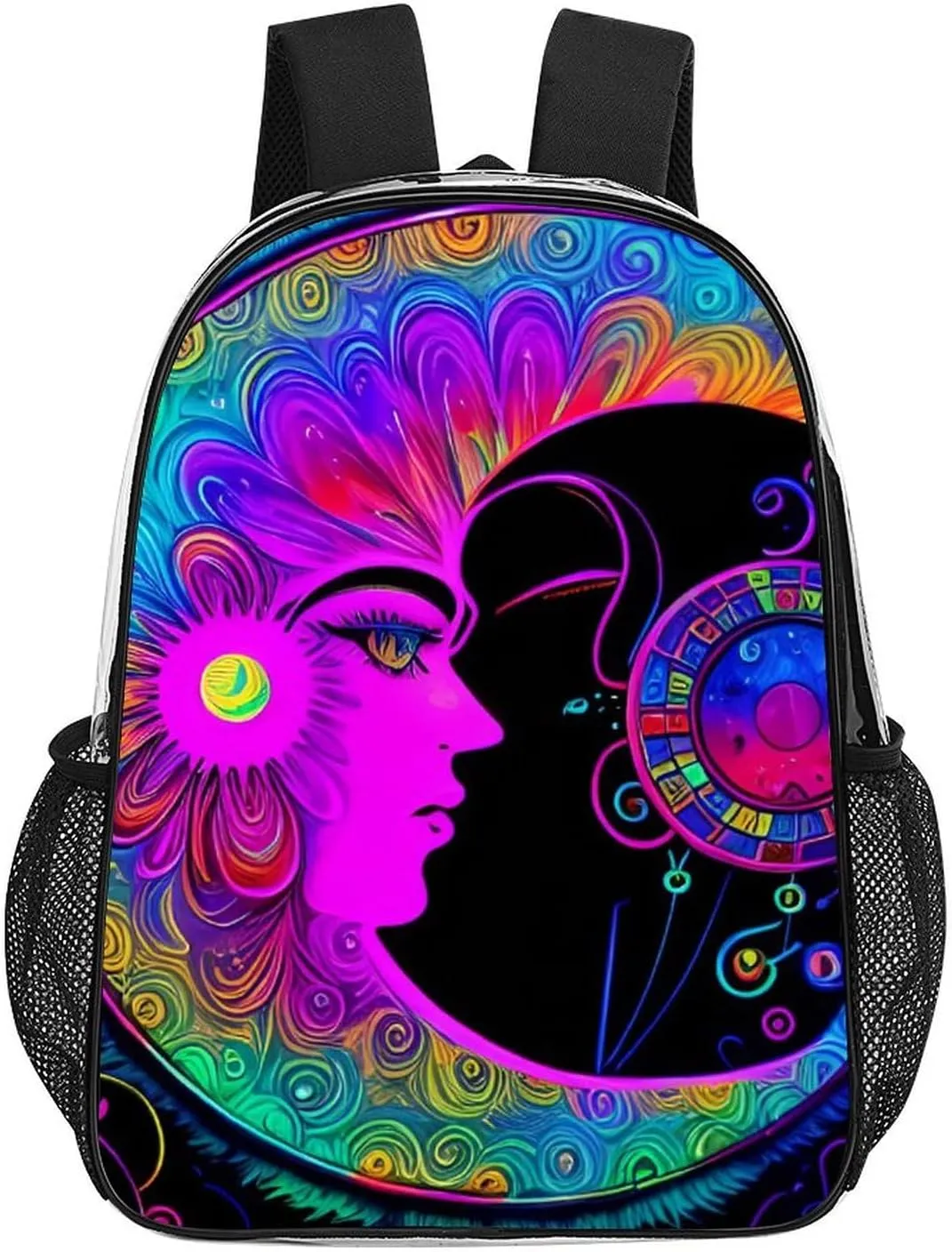 Adults Lightweight Psychedelic Sun And Moon Neon Art Shoulder Book Bags Big Capacity Shoulder Bag Transparent Bag for Trekking Work Walking Cycling