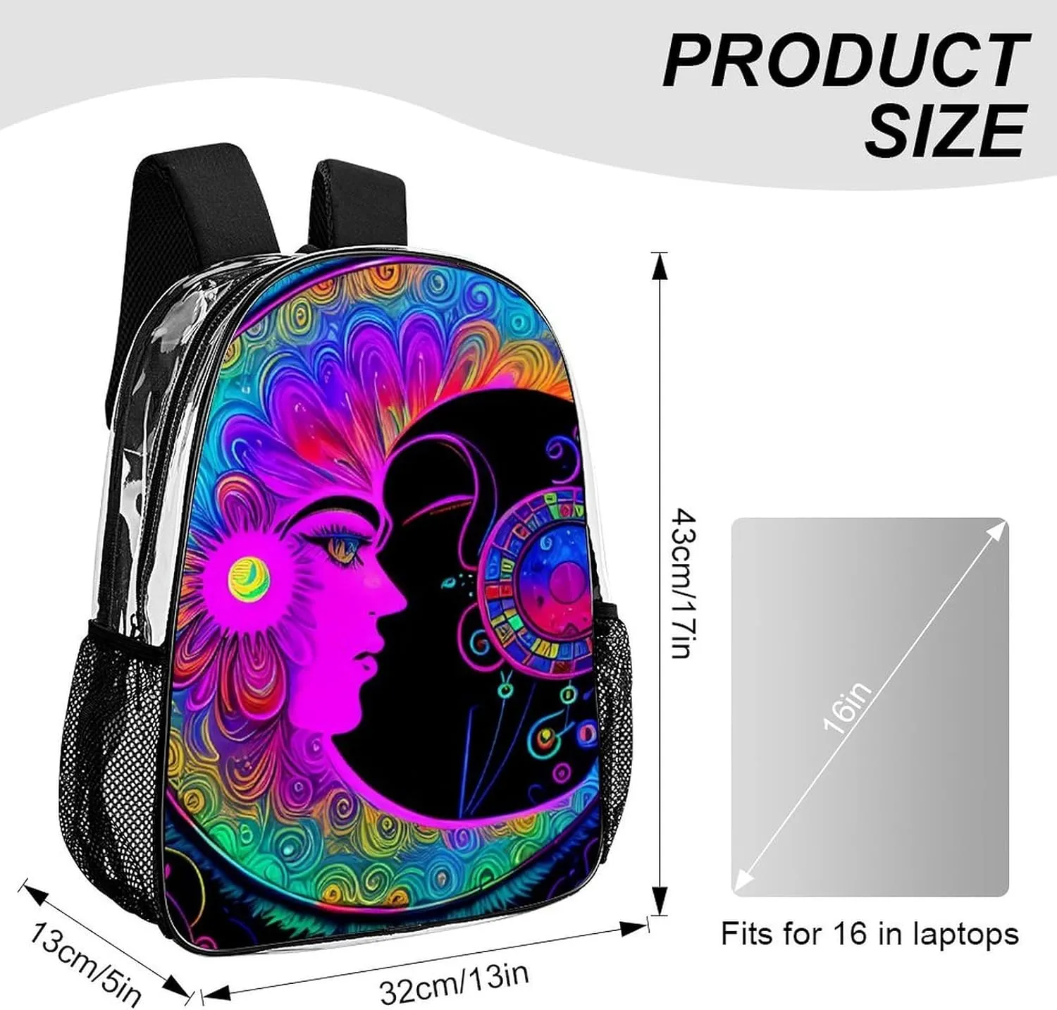Adults Lightweight Psychedelic Sun And Moon Neon Art Shoulder Book Bags Big Capacity Shoulder Bag Transparent Bag for Trekking Work Walking Cycling