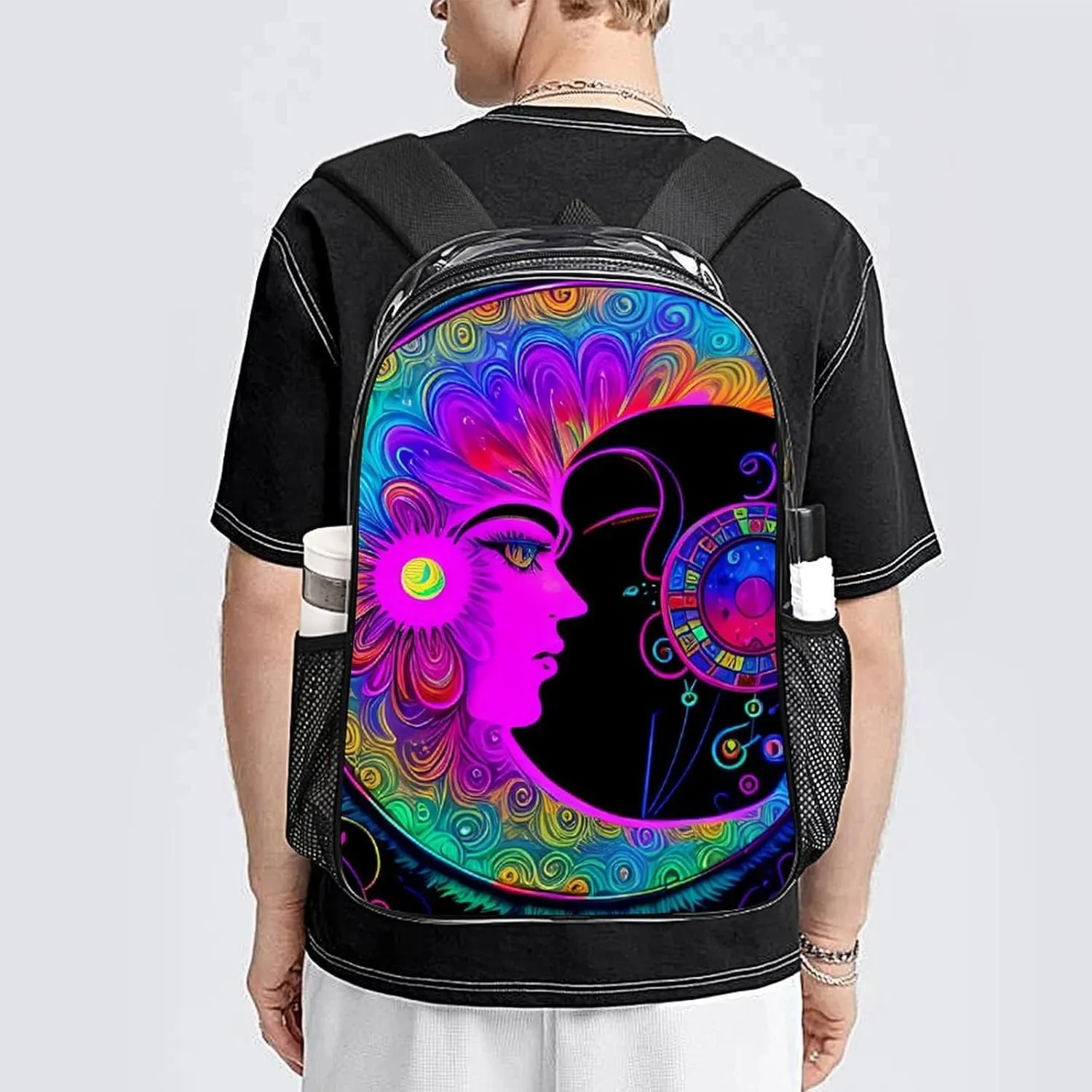 Adults Lightweight Psychedelic Sun And Moon Neon Art Shoulder Book Bags Big Capacity Shoulder Bag Transparent Bag for Trekking Work Walking Cycling