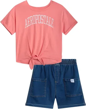 AEROPOSTALE Girls Shorts Set - 2 Piece Short Sleeve Graphic Tee and Paperbag Twill or Denim Shorts Outfits for Girls (7-12)