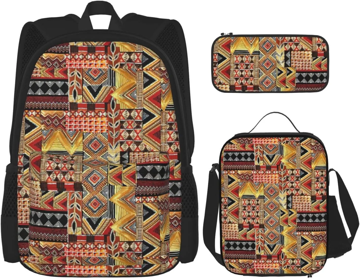 African Textile Patchwork Print Comfortable Adjustable Shoulder Casual Fashion Backpack Lunch Bag Pencil Case