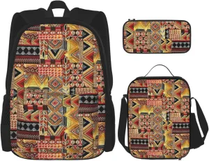 African Textile Patchwork Print Comfortable Adjustable Shoulder Casual Fashion Backpack Lunch Bag Pencil Case