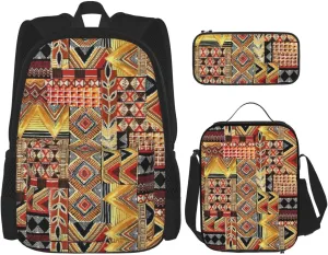 African Textile Patchwork print Minimalist Backpack Three Piece Travel Backpack Set Adjustable Shoulder Bag