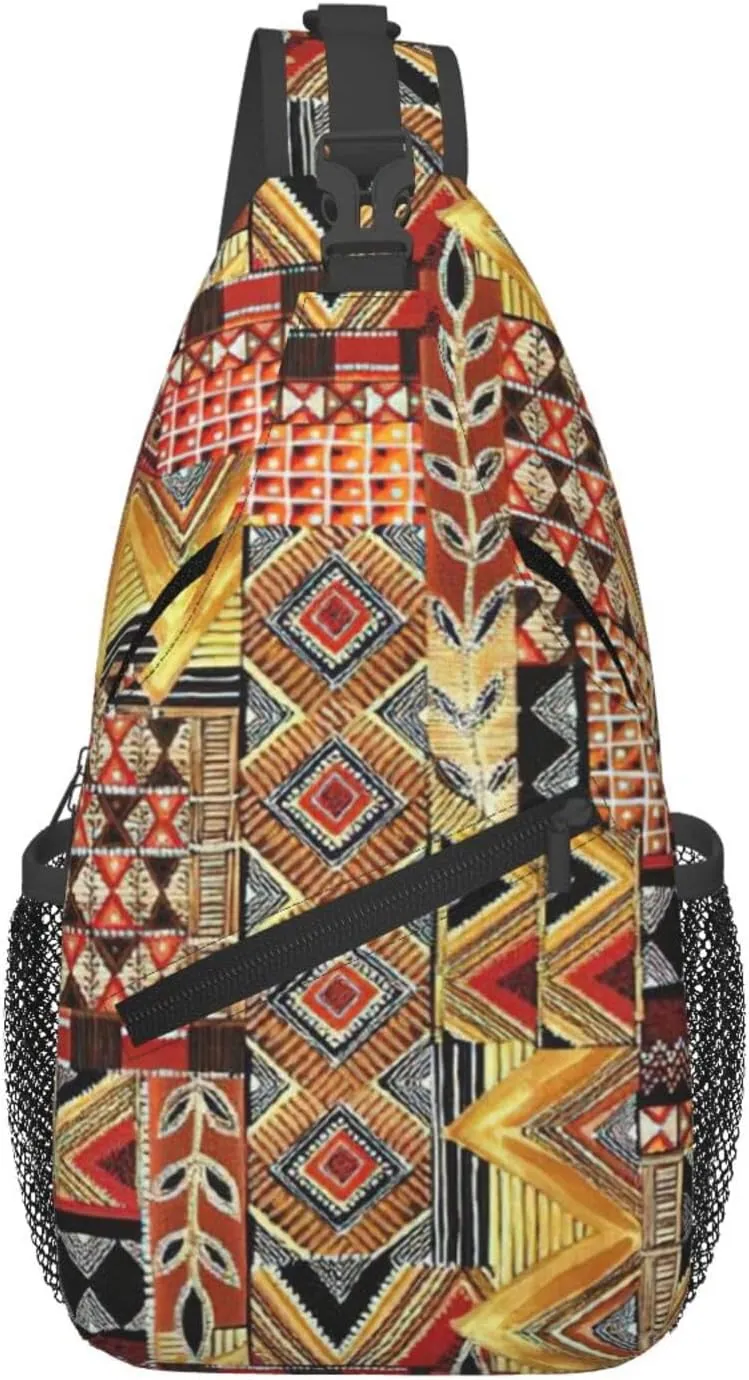 African Textile Patchwork Print Sling Bag Crossbody Backpack For Women Men Hiking Travel Over The Shoulder Multipurpose Bag
