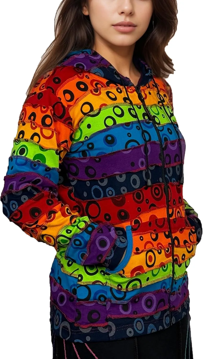 Agan Traders 2025 Spring Rainbow Printed Knit Cotton Lightweight Hoodie - Bohemian Hippie Gypsy Zip Up Jackets for Women
