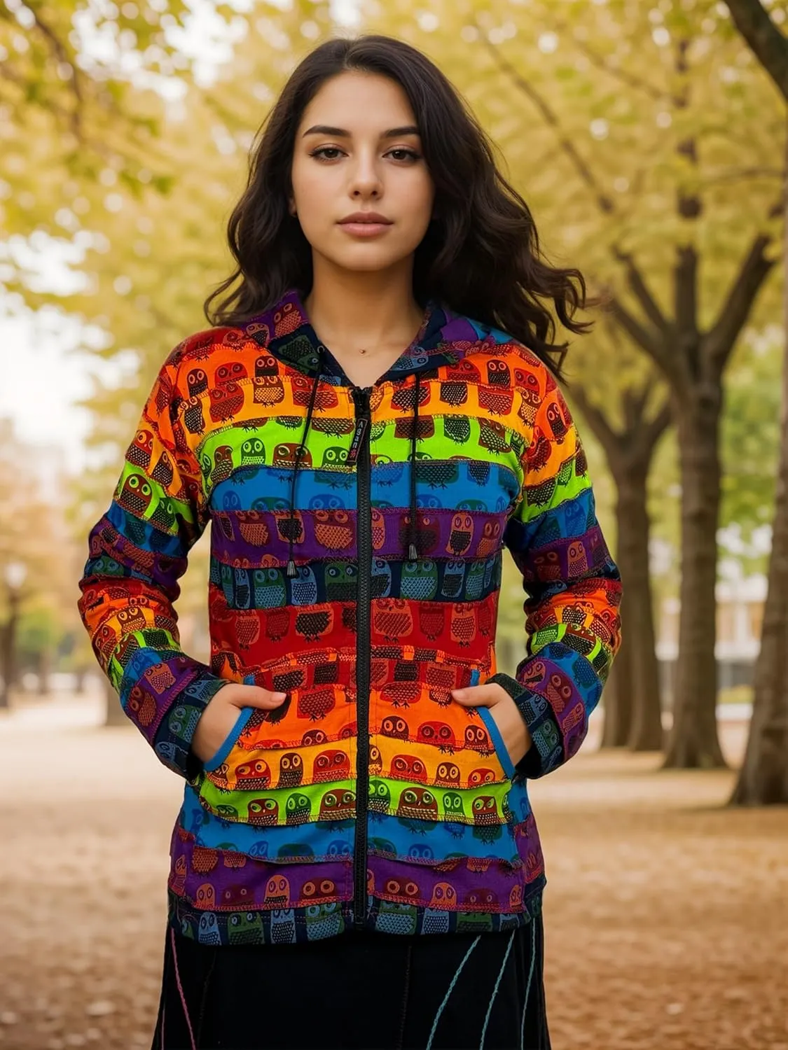 Agan Traders 2025 Spring Rainbow Printed Knit Cotton Lightweight Hoodie - Bohemian Hippie Gypsy Zip Up Jackets for Women