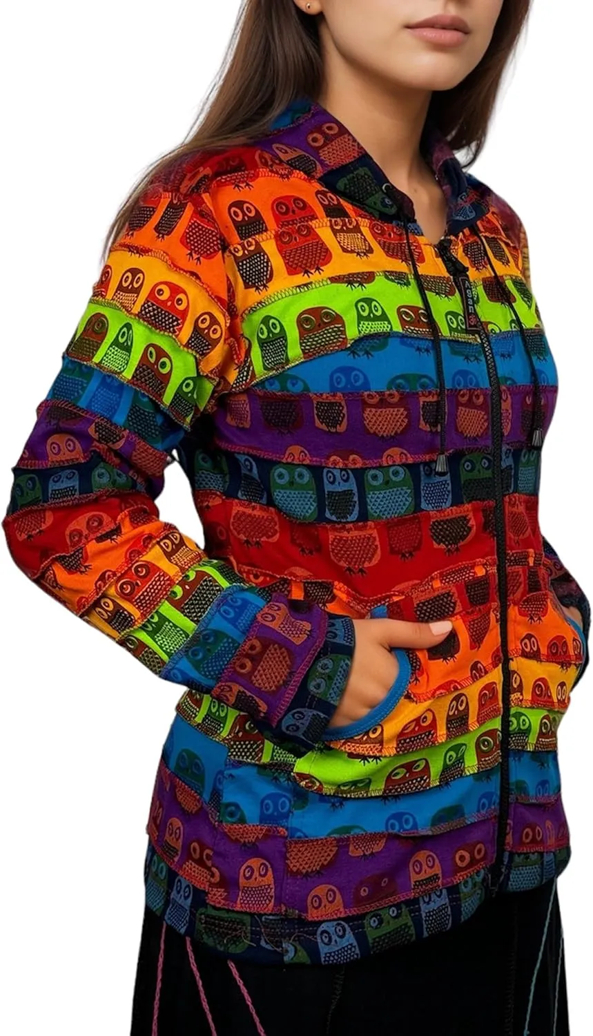 Agan Traders 2025 Spring Rainbow Printed Knit Cotton Lightweight Hoodie - Bohemian Hippie Gypsy Zip Up Jackets for Women