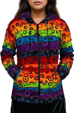 Agan Traders 2025 Spring Rainbow Printed Knit Cotton Lightweight Hoodie - Bohemian Hippie Gypsy Zip Up Jackets for Women